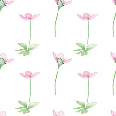 Rose wild flowers pattern.Watercolor hand drawn floral print isolated on white background.