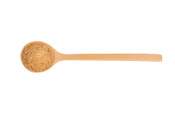Brown sugar on wooden spoon on a transparent background.