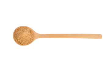 Brown sugar on wooden spoon on a transparent background.