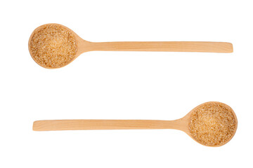 Brown sugar on wooden spoon on a transparent background.