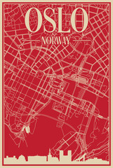 Red hand-drawn framed poster of the downtown OSLO, NORWAY with highlighted vintage city skyline and lettering
