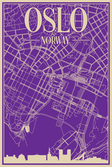 Purple hand-drawn framed poster of the downtown OSLO, NORWAY with highlighted vintage city skyline and lettering