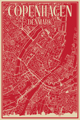 Red hand-drawn framed poster of the downtown COPENHAGEN, DENMARK with highlighted vintage city skyline and lettering