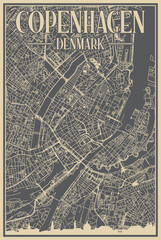 Grey hand-drawn framed poster of the downtown COPENHAGEN, DENMARK with highlighted vintage city skyline and lettering