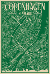Green hand-drawn framed poster of the downtown COPENHAGEN, DENMARK with highlighted vintage city skyline and lettering