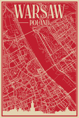 Red hand-drawn framed poster of the downtown WARSAW, POLAND with highlighted vintage city skyline and lettering