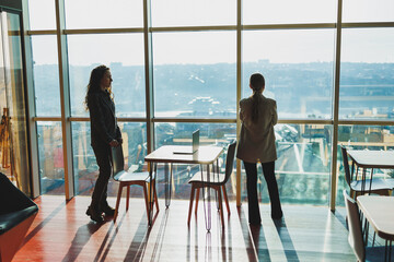 Two business women are standing against the background of a large window in a modern office with a panoramic view of the city. Modern business women work remotely