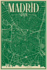 Green hand-drawn framed poster of the downtown MADRID, SPAIN with highlighted vintage city skyline and lettering
