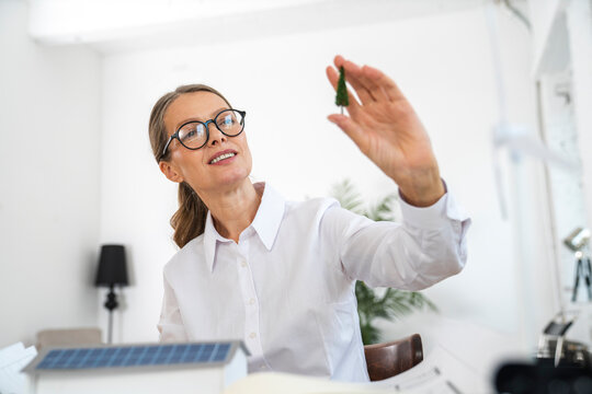 Smiling mature businesswoman examining tree model in office
