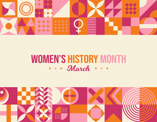 Women History Month Neo Geometric Pattern Background. Women’s History Month March Awareness Celebration. Horizontal website header banner vector illustration. Abstract modern design. Social media post