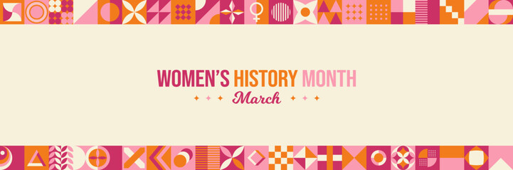 Women History Month Neo Geometric Pattern Background. Women’s History Month March Awareness Celebration. Horizontal website header banner vector illustration. Abstract modern design. Social media post