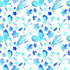 Seamless pattern of watercolor blue butterfly and flowers. Hand drawn illustration. Botanical hand painted floral elements on white background.