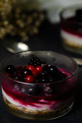 close-up view of a jar with cheesecake and berries