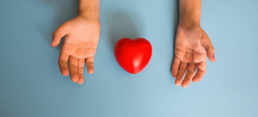 children's hands and a heart rubber toy on a blue background.child health insurance concept, world health day, world children's day, children's rights and protection