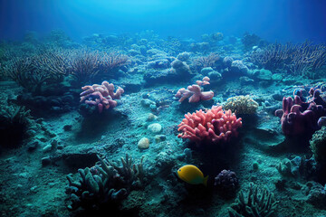 Naklejka na ściany i meble Coral reef on ocean floor underwater with fish (Generative AI)