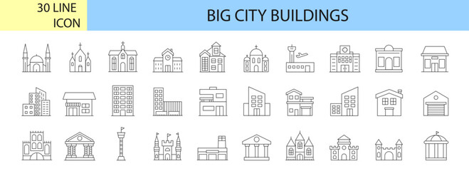 Set of linear icons of big city buildings. Urban architecture. State institutions, religious and cultural monuments. Educational centers and residential buildings