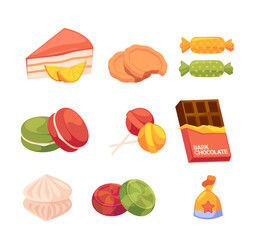 Set of Cartoon Sweets and Desserts. Slice of Cake, Cookie, Chocolate and Caramel. Macaroon, Lollipop, Choco Bar