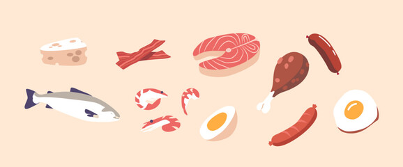 Set of Healthy Protein Food, Isolated Cheese, Bacon, Fish and Eggs. Chicken Leg, Shrimps, Salmon Steak and Sausage