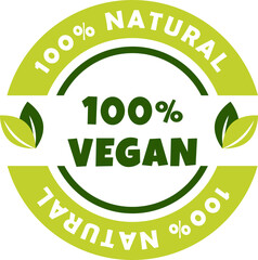 Vegan, organic vector logo, sticker, label and badge with green leaves