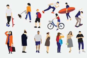 Fototapeta na wymiar crowd of people engaging in summertime outdoor activities including skateboarding, bicycle riding, and dog strolling. a collection of flat, cartoon characters, both male and female, isolated on a whit