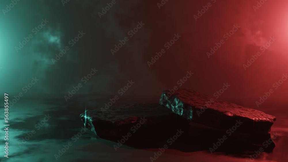 Aufkleber 3d render. abstract background with colorful neon light and stone ruins, showcase for product presen
