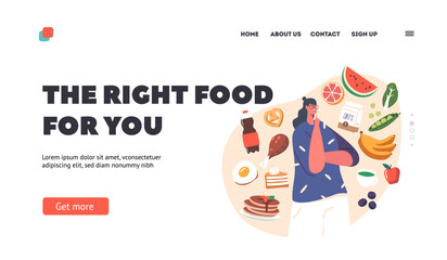 Fototapeta premium Right Food Landing Page Template. Woman Eating Priorities, Food Choice Concept with Female Characters Choose Meals