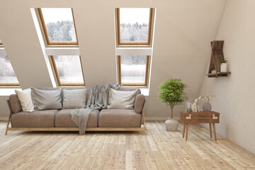 White living room with sofa and winter landscape in window. Scandinavian interior design. 3D illustration