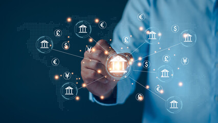 central banking and international currency concept. Businessman exchanging dollar Yuan Yen Pound sterling and Euro for forex and currency exchange money transfer. international currency, world bank