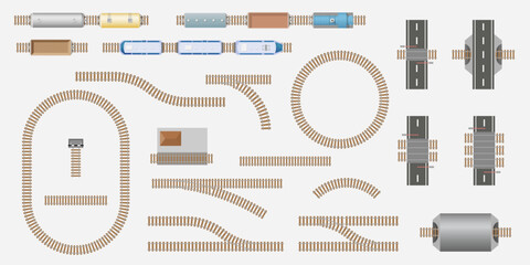 Fototapeta Set of railway parts and trains top view for city map. Railroad train track kit. City transport. Railway route vector collection: station, electric and freight train, wagon, locomotive from above obraz