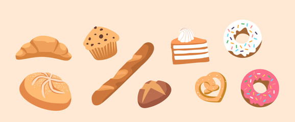 Set Of Bakery And Confection Products. Isolated Croissant, Muffin, Piece Of Cake And Baguette. Donut, Pretzel, Bun