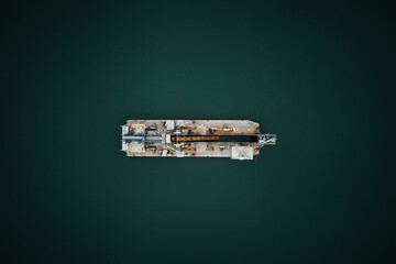 Aerial view of vessel for sand mining in the lake, Sand extraction