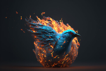 Blue Twitter Bird burning, downfall, fall from grace - AI Generated