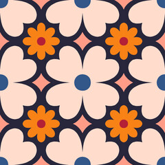 Beautiful seamless texture in retro style. Abstract floral tile in retro style. Colorful vector background with simple flowers. Floral tile pattern.