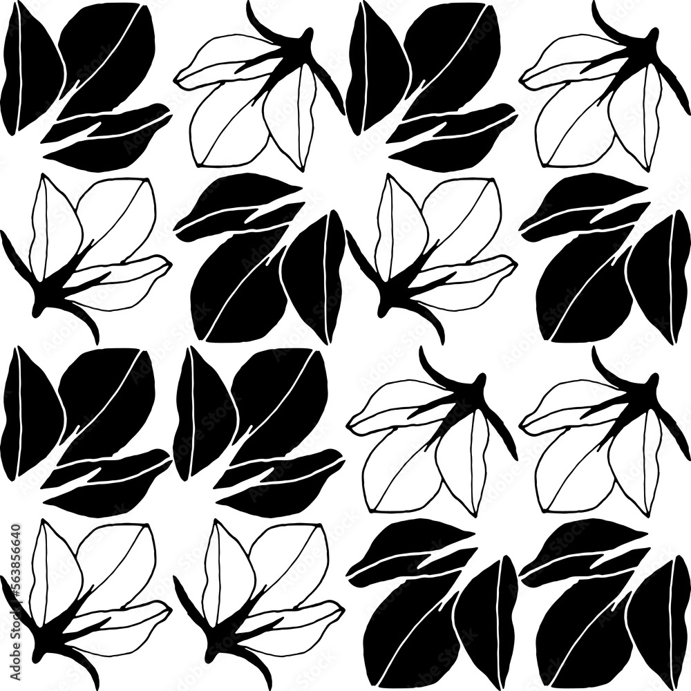 Poster Abstract flower elements vector seamless pattern. Simple repeat in black on white background.