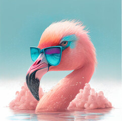 Pastel pink creative Summer concept of flamingo on the seashore during a sunny vacation. Sand and sea. Tropical animal flamingos. Illustration, Generative AI.