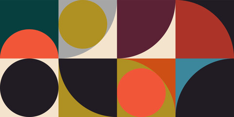 Modern vector abstract  geometric background with circles, rectangles and squares  in retro Scandinavian style. Pastel colored simple shapes graphic pattern.