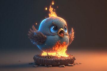 Cute blue Twitter Bird burning, downfall, fall from grace - AI Generated