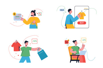 Set concept Shopping with people scene in the flat cartoon design. People go shopping and choose different closes with a discount. Vector illustration.