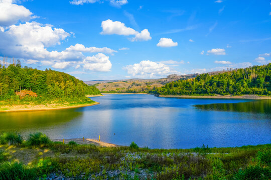S&ouml;setalsperre near Osterode am Harz. View of the reservoir with the surrounding idyllic nature. Landscape at the lake in the Harz National Park.
