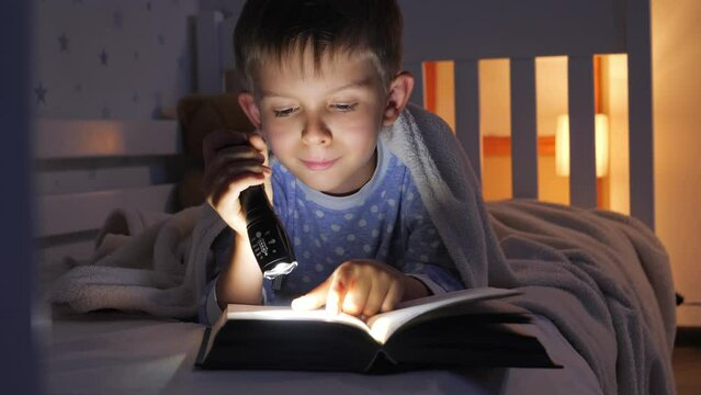 Little boy in pajamas lying in bed and reading bedtime story book with torch. Children education, development, secrecy, privacy, reading books