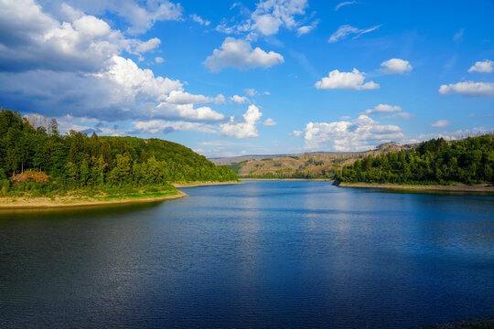 S&ouml;setalsperre near Osterode am Harz. View of the reservoir with the surrounding idyllic nature. Landscape at the lake in the Harz National Park.
