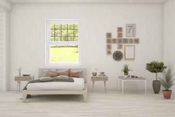 White bedroom interior. Scandinavian design. 3D illustration