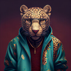 Portrait of a hipster jaguar dressed in a tracksuit with glasses, gradient background