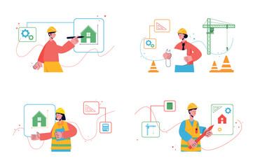 Construction engineer set concept with people scene in the flat cartoon style. Engineers calculate the plan of the buildings. Vector illustration.