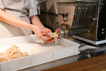 Young white chef woman cooking while working in restaurant kitchen