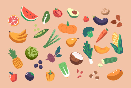 Set Of Healthy Food Fruits And Vegetable Icons. Watermelon, Grapefruit, Avocado, Tomato And Pumpkin, Eggplant, Pineapple
