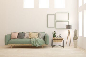 White living room with sofa. Scandinavian interior design. 3D illustration
