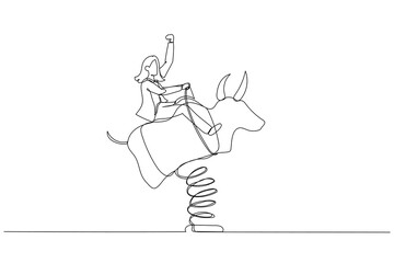 Cartoon of businesswoman investor riding and balance himself on rodeo bull concept of stock investor. Single continuous line art style