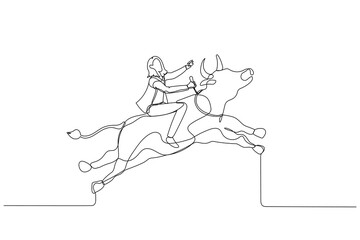 Drawing of businesswoman riding a bull going up showing rising and bull market. Single continuous line art style