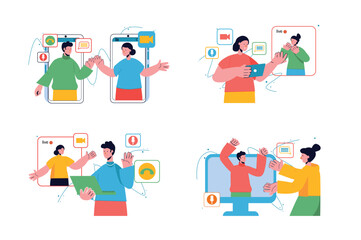 Video chatting set concept with people scene in the flat cartoon design. Friends communicates with each others and tell interesting stories via video chat. Vector illustration.